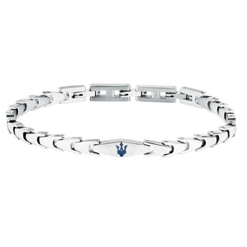 Ανδρικό βραχιόλι Maserati JM225AVD85 από ανοξείδωτο ατσάλι, με ασημί μπρασελέ και μπλε τρίαινα.